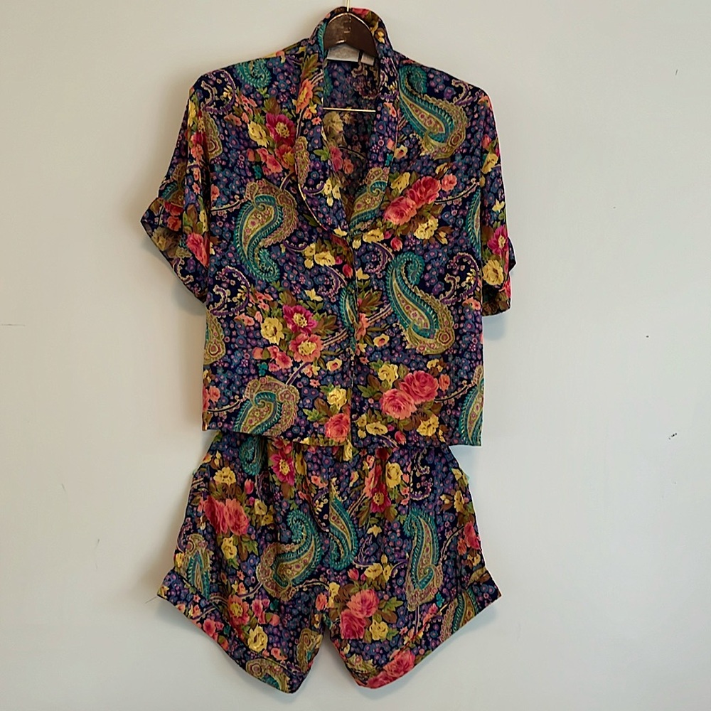 Vintage Silk & Satin 3 Piece Paisley Floral Pajama Set